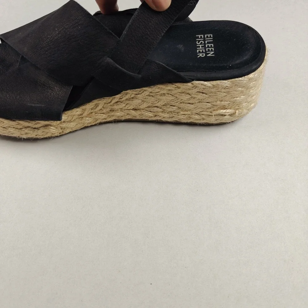 Eileen Fisher‎ Women's Black Leather Timor Espadrille Wedge Sandals Size 7